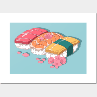 The delecious Japanese sushi and the pink sakura flowers Posters and Art